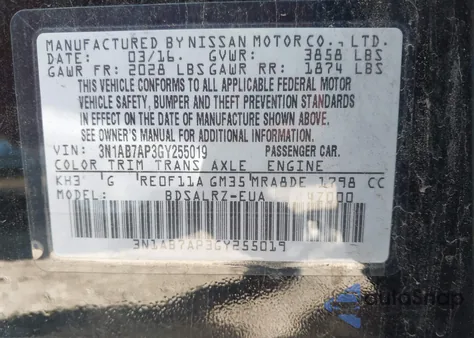 2016 Nissan Sentra Sr from USA, damaged, VIN 3N1AB7AP3GY255019